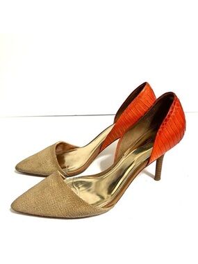 Coach Heels Pointed Toe Tan Burlap Orange Snakeskin Camille Q4508 Size 9.5